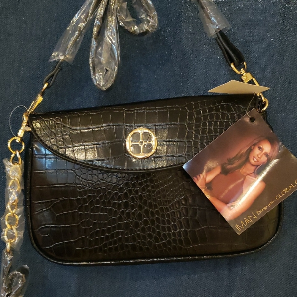 IMAN Black Croc-Embossed Crossbody Bag